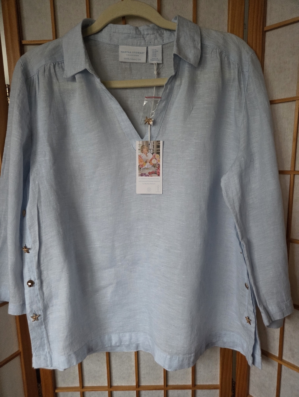 NWT WOMENS MARTHA STEWART LIGHT BLUE 100% LINEN PULLOVER 3/4 SLEEVES BLOUSE MED
